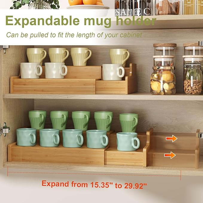 Hongtamoya 2-Tier Expandable Bamboo Mug Holder Coffee Mug Rack Organizer for Countertop, Multi-Functional Mug Display Shelf for Coffee Bar, Kitchen, and Home (15.35"~29.92")