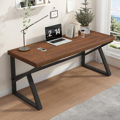 IBF Solid Real Wood Desk, Minimalist 60” Natural Wood Computer Desk, Rustic Desk for Home Office Writing Study, Vintage Industrial Wooden PC Gaming Workstation Computer Table, Brown, 60 Inch