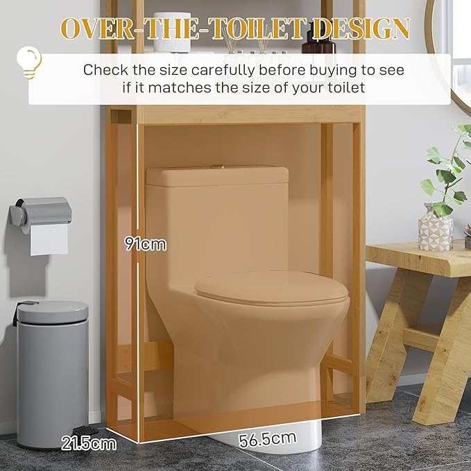 HOMCOM Bamboo Over The Toilet Storage Cabinet, Over Toilet Bathroom Organizer with Slatted Doors, Adjustable Shelf and Open Shelf, Natural