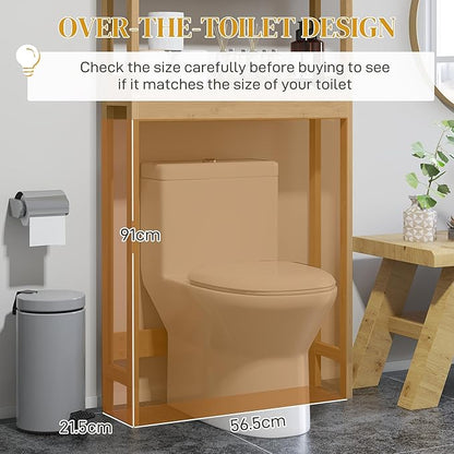 HOMCOM Bamboo Over The Toilet Storage Cabinet, Over Toilet Bathroom Organizer with Slatted Doors, Adjustable Shelf and Open Shelf, Natural