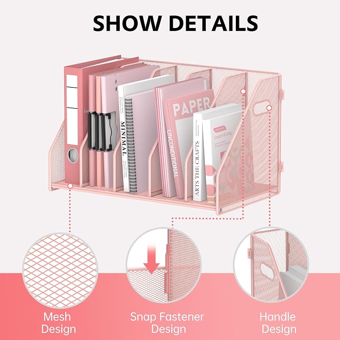SUPEASY Binder Organizer, Magazine File Holder with 5 Vertical Compartments Rack, Metal Desk File Organizer & Binder Holders, Magazine Organizers for Office Desktop, Home, School, Classroom (Pink)