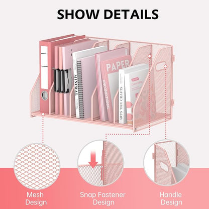 SUPEASY Binder Organizer, Magazine File Holder with 5 Vertical Compartments Rack, Metal Desk File Organizer & Binder Holders, Magazine Organizers for Office Desktop, Home, School, Classroom (Pink)