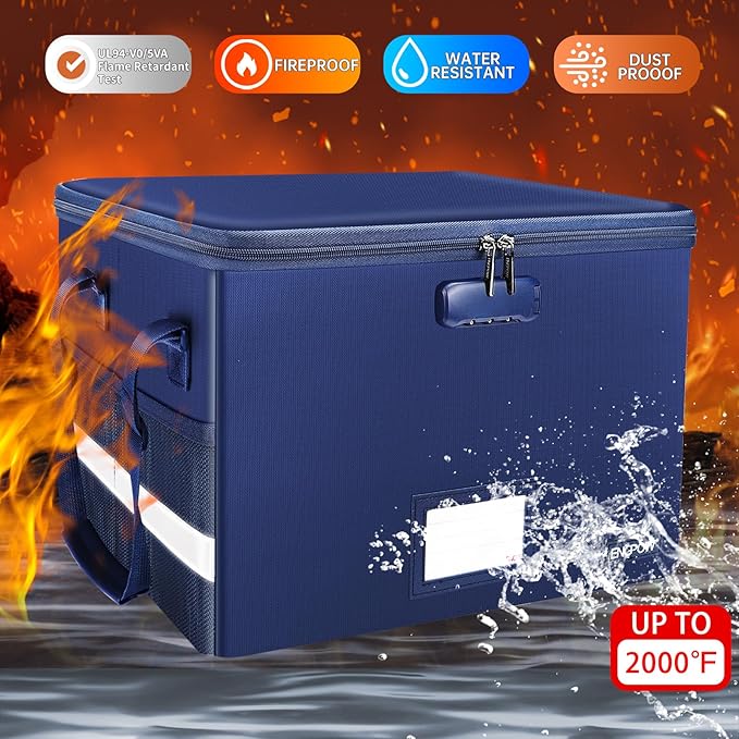 ENGPOW File Box with Lock, Fireproof Document Box with Pockets, Collapsible File Organizer Filing Storage Cabinet with Handle, Portable Home Office Safe for Hanging Letter/Legal Folders, Blue, 2 Pack
