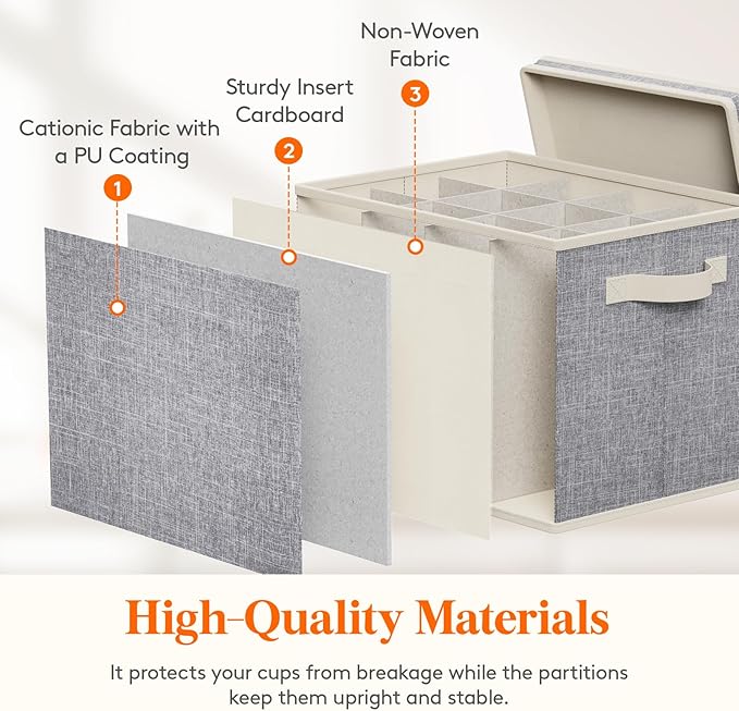 Lifewit 3 Pcs Wine Glass Storage Box with Dividers, Stackable Cationic Hard Shell Stemware Organizer with 36 Cells, Foldable Dustproof China Containers for Moving, Light Grey