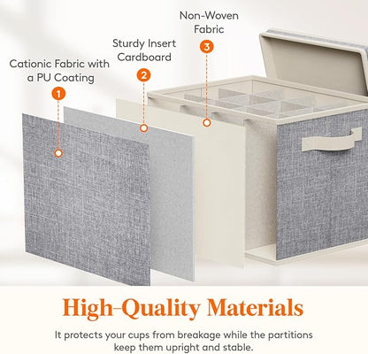 Lifewit 3 Pcs Wine Glass Storage Box with Dividers, Stackable Cationic Hard Shell Stemware Organizer with 36 Cells, Foldable Dustproof China Containers for Moving, Light Grey