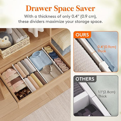 Lifewit 5 Pack Drawer Dividers for Clothes, 4" High 13.8"-22.2" Expandable Dresser Drawer Organizers, Adjustable White Plastic Separators for Kitchen, Cabinet, Nursery, Socks & Underwear Storage