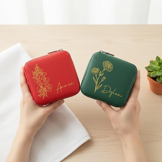 Custom Leather Jewelry Organizer Box with Name & Birth Flower – Personalized Travel Jewelry Case, Small Travel Jewelry Case, Birthday Gift for Women, Bridesmaid Proposal (Flower 3)