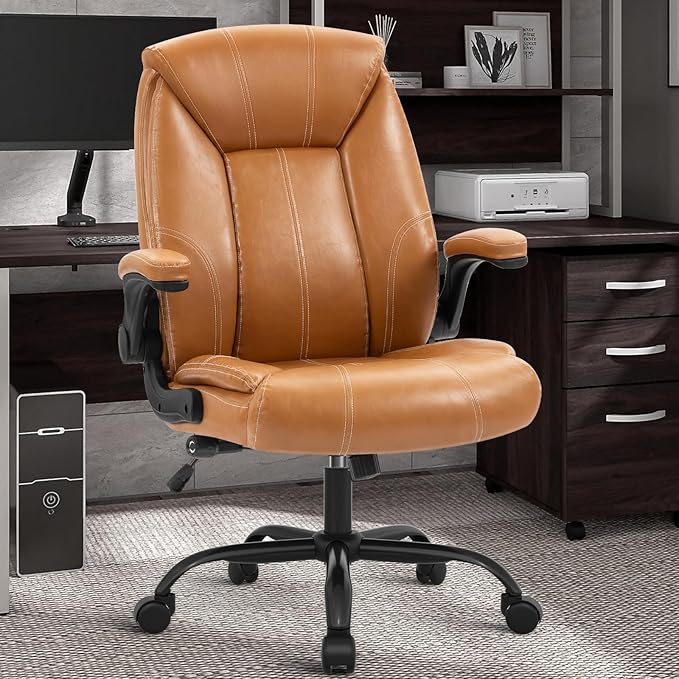 YAMASORO Executive Office Chair,Big and Tall Ergonomic Desk Chair with Adjustable Lumbar Support,Breathable PU Leather Computer Chair wih Flip-up Arms and Wheels, Camel