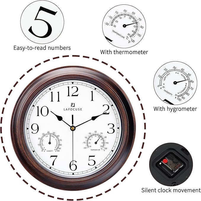 Lafocuse Outdoor Wall Clocks Waterproof with Thermometer for Patio, 12 Inch Hygrometer Wall Clock Silent Battery Operated for Kitchen Bathroom Garage