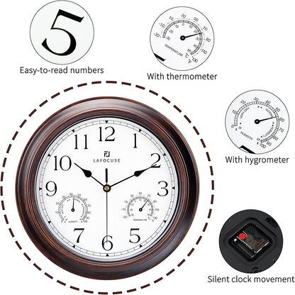 Lafocuse Outdoor Wall Clocks Waterproof with Thermometer for Patio, 12 Inch Hygrometer Wall Clock Silent Battery Operated for Kitchen Bathroom Garage