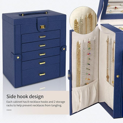 AKOZLIN Large Jewelry Box Organizer Functional Lockable with Big Mirror, Leather Jewelry Storage Case for Women Girls Ring Necklace Earring Bracelet Holder Organizer Blue