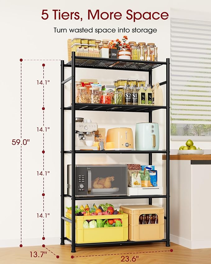 Sakugi Storage Shelves - 5-Tier Metal Storage Shelves with Wall Anchoring Kit & Leveling Feet, Sturdy Steel Shelf Organizer for Kitchen, Laundry Room, Bathroom, 23.6" x 13.7" x 59", Black