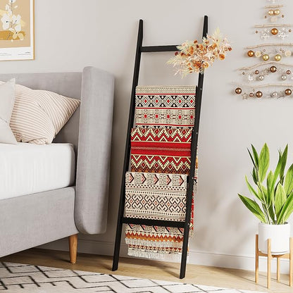 Blanket Ladder Towel Racks For Bathroom 5 Layers Towel Holder 100% Bamboo Wood Sturdy Construction No Need Wall Drilling Quilt Scarf Storage Solution Decorative Leaning Shelf for Living Room (Black)