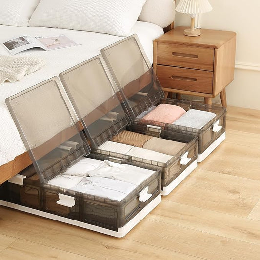 Under Bed Storage Containers with Wheels - Stackable, Foldable Plastic Storage Boxes with Lids for Clothes, Shoes, Blankets - Perfect for Bedroom Organization and Dorms (1 Pack-25.2''x16.5''x7.1'')