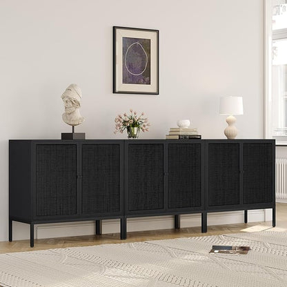 Yechen Full Black Rattan Cabinet, Farmhouse Sideboard Cabinet with Natural Rattan Decorated Doors, Accent Cane Credenza Buffet Console Storage, for Living Room Entryway Kitchen, Metal Legs