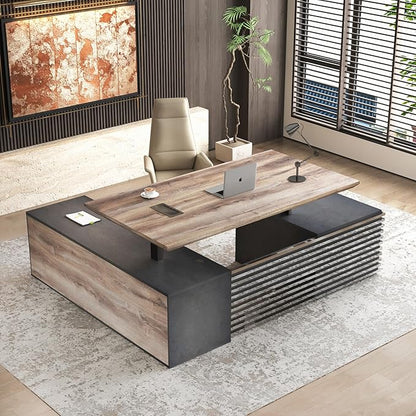 SAINTCY 78.74In L Shaped Executive Standing Desk with Drawers, Large Modern Adjustable Heigh Home Office Desk w/Universal Charging Ports, Business Workstation, Black and Warm Oak