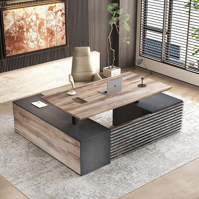 86.61" L Shaped Standing Executive Desk and 63" lateral File Cabinet, Large Adjustable Heigh Office Computer Desk with 3 Drawers,2.3" Desktop,Business Workstation,Black and Warm Oak