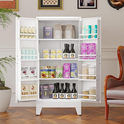 GAIOUS Metal Kitchen Pantry Cabinet, Storage Cabinets with 2 Door and 3 Adjustable Shelves, White Freestanding Food Storage Cabinet, Steel Cupboard for Kitchen Dinning Room