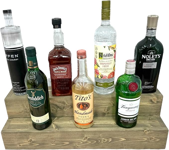 Tiered Bottle Shelf | 2 Tier Liquor Bottle Display | Bar Organization | Weathered Grey, 18" W x 4.25" D