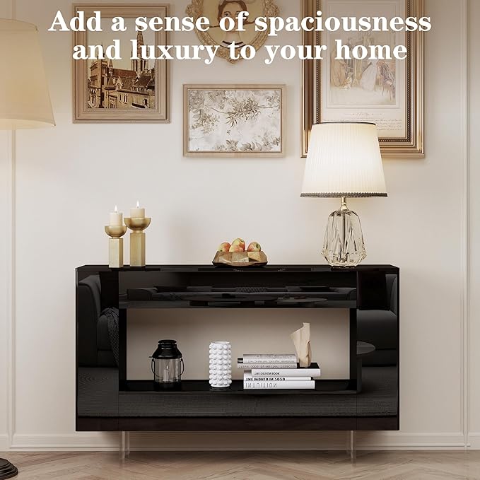 47" High Gloss Console Table with Hidden Side Storage Cabinets, Adjustable Shelves, Modern Black Entryway Sofa Table for Behind The Couch, Living Room, Hallway, Black