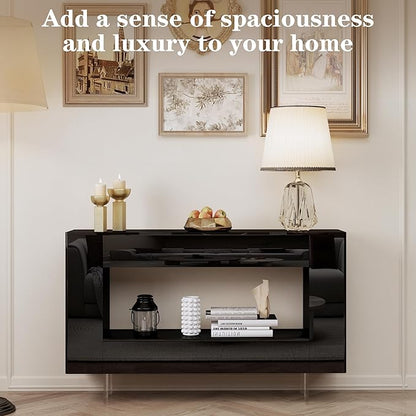 47" High Gloss Console Table with Hidden Side Storage Cabinets, Adjustable Shelves, Modern Black Entryway Sofa Table for Behind The Couch, Living Room, Hallway, Black