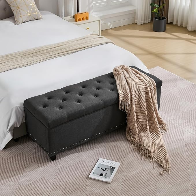 Tbfit 50.8“ Large Ottoman Storage Bench for Bedroom, Oversized Tufted Upholstered Entryway Benches End of Bed, Rectangle Dorm Foot Stool with Safety Hinge & Solid Wood Legs, Loads 660 lb, Gray