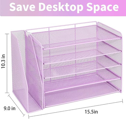 OPNICE Desk Organizer, 5-Tier Paper Organizer Letter Tray with Magazine Holder, Office Desk Accessories & Workspace Organizers, Desktop File Organizer for Office Supplies Storage, Purple