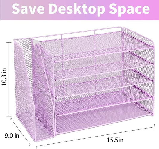 OPNICE Desk Organizer, 5-Tier Paper Organizer Letter Tray with Magazine Holder, Office Desk Accessories & Workspace Organizers, Desktop File Organizer for Office Supplies Storage, Purple