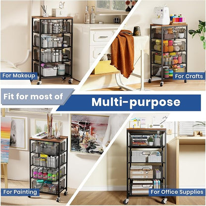Goovilla Kitchen Cart with Drawers, 4 Tier Metal Rolling Utility Cart Organizer on Lockable Wheels with Wooden Top, Black Fruit Vegetable Storage Rack Also for Cans, Snack, Craft, Art, Office, Beauty