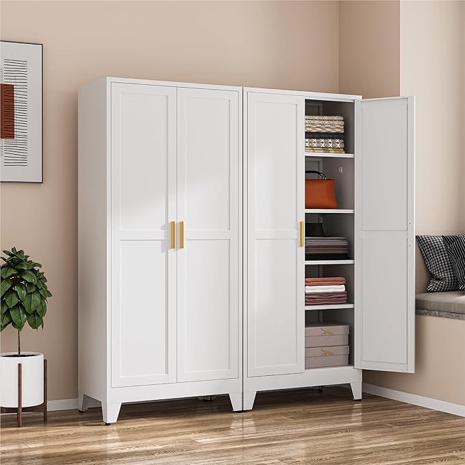 COFaR 71" Metal Wardrobe Closet with Adjustable Shelves & Hanging Rod, Freestanding Armoire with Top Storage & Two-Section Design, White Steel Storage Cabinet for Bedroom