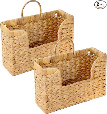 Set of 2 Magazine Holder Wall Basket Water Hyacinth Woven Mail Organizer, Wicker Wall Hanging Baskets for Magazines, Letters & Storage Decorative Mail Holder, Magazine Rack, 11.8x4.3x7.9 Inch