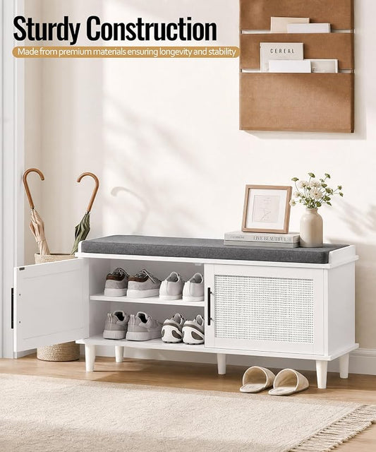 Akxomel Rattan Shoe Storage Bench with Cushion, 2-Tier Entryway Bench with Adjustable Shelves and 2 Doors, 15" D x 39.4" W x 20" H, Solid Wood Legs, for Hallway, Living Room, Bedroom, White