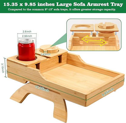 GHKINMAL Bamboo Couch Cup Holder, 4 in 1 Couch Arm Trays with 360°Rotated Phone Holder, Non-Slip Clip on Side Table for Drinks/Remote/Snacks, Ideal Gift for Husband, Wife, Parents
