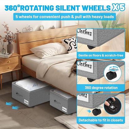 Under Bed Storage with Wheels, 3-Pack 10" Height XXL 75L Rolling Storage Bins, Quick Assembly Underbed Shoe Storage Containers with Clear Lid & Label, Dorm Under Bed Drawers for Clothes, Shoes, Grey