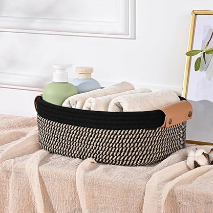 Storage Baskets for Organizing, Small Woven Basket Set of 6-4 Shelf Basket with Leather Handle and 2 Small Gift Baskets, Cotton Rope Basket for Shelves, Nursery, Dog Toy, Bathroom