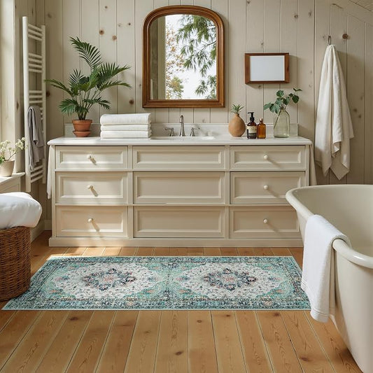 RELEANY Area Rugs Runner 2'x5' Washable Non-Slip, Floral Vintage Distress Medallion Carpet for Kitchen Hallway Bedroom Beside Laundry Room Bathroom, Green Navy Blue White Red Teal