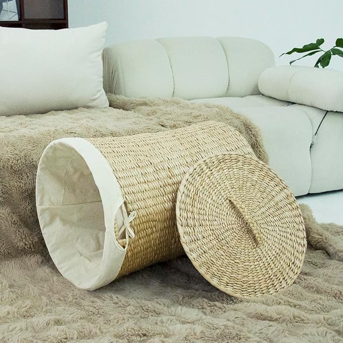 Furnnylane Hand Woven Laundry Basket with Lid,21-Inch Laundry Hamper with Removable Liner for Laundry and Elegant Storage,Natural