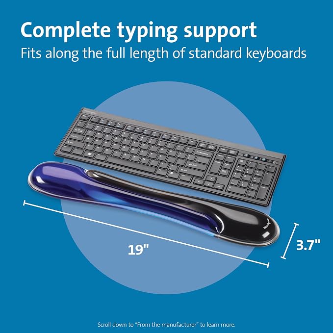 Kensington Duo Gel Wrist Rest for Keyboard, Wrist Pad for Keyboard, Ergonomic Keyboard Wrist Pad, Computer Keyboard Pad with Wrist Support, Cooling Gel, Non-Skid Backing, Blue K62397AM, 19" x3.7