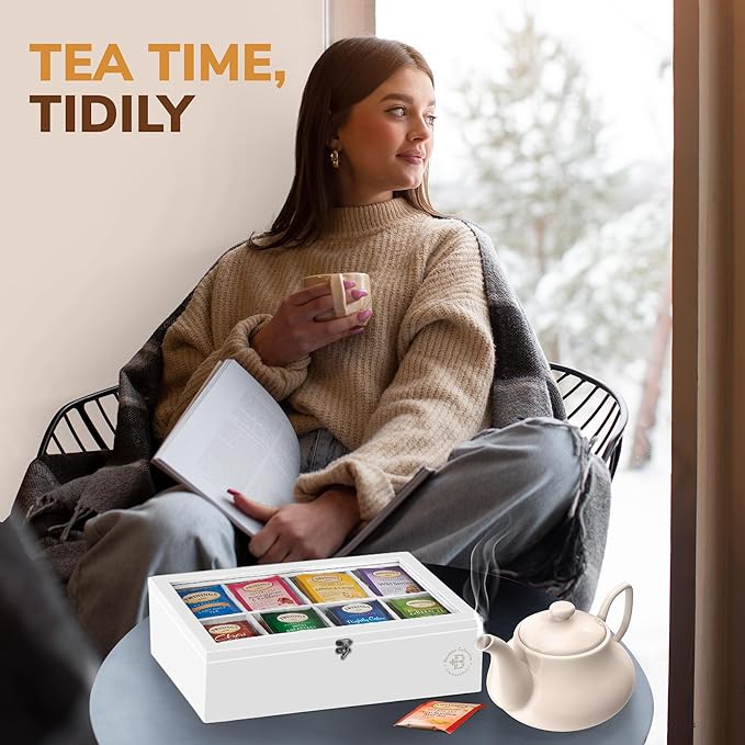 Tea Bag Organizer with Drawer - Bamboo Tea Box Organizer, 8-Compartment Tea Storage Box with Acrylic Lid and Magnetic Closure, Tea Box for Kitchen Counter, Gifts for Mom, Wife, Tea Lovers (White)