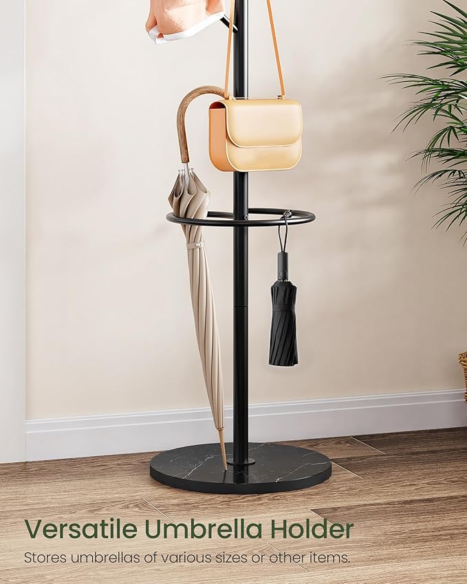 CHOEZON Coat Rack Freestanding, Coat Rack with Umbrella Holder, Coat Hanger Stand with 8 Hooks, Coat Tree with Marble Base, 3 Adjustable Size, for Entryway, Living Room, Bedroom Marble Black TYM09BD