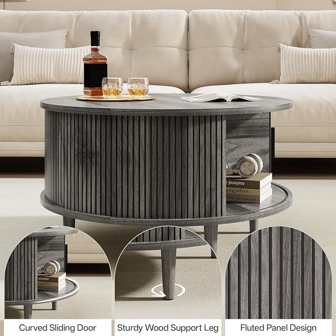 Round Coffee Table with Storage, Mid Century Modern Coffee Table, Fluted Dining Table with Sliding Door, Circle Coffee Table for Living Room Home Office, 31.5", Gray