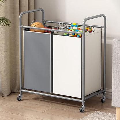 SUOERNUO Laundry Sorter Basket 2 Bag Laundry Hamper Cart with Rolling Lockable Wheels and Removable Bags Laundry Organizer Cart for Clothes Storage (Grey+Beige, 2 Bags)