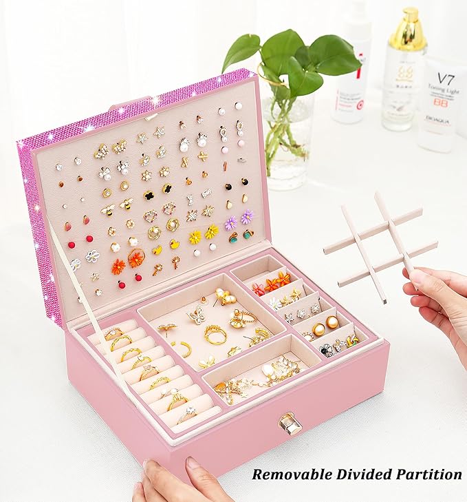 QBestry Jewelry Box for Earrings for Girls Jewelry Organizer Box Earring Holder Organizer for Girl Earring Box Jewelry Box Stud Earring Organizer for Girls Earring Jewelry Boxes for Women Pink Bling