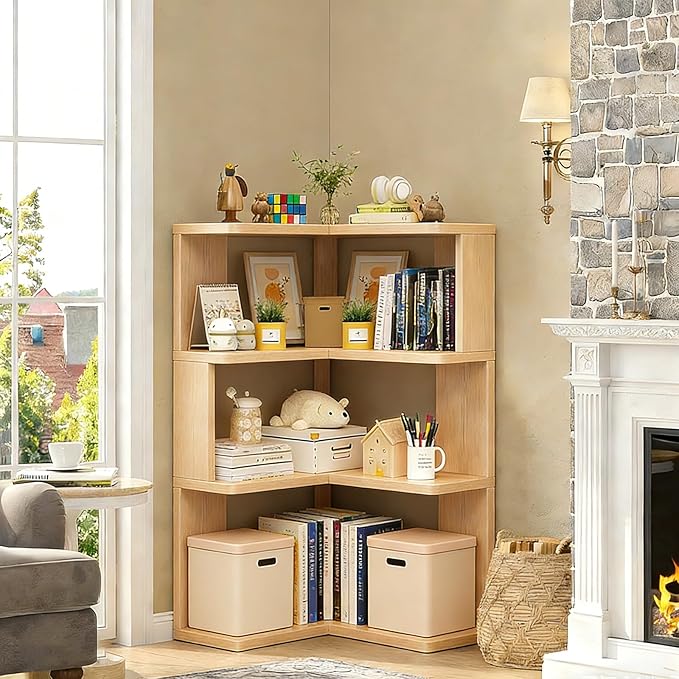 ALKSDNQ Corner Bookshelf, 3 Tier Corner Book Shelf Etagere Bookcase with Baffle, Freestanding L Shaped Display Shelf Stand for Home Office, Living Room, Bedroom, Brown