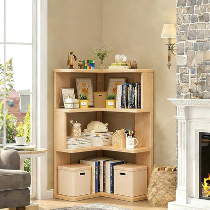 ALKSDNQ Corner Bookshelf, 3 Tier Corner Book Shelf Etagere Bookcase with Baffle, Freestanding L Shaped Display Shelf Stand for Home Office, Living Room, Bedroom, Brown