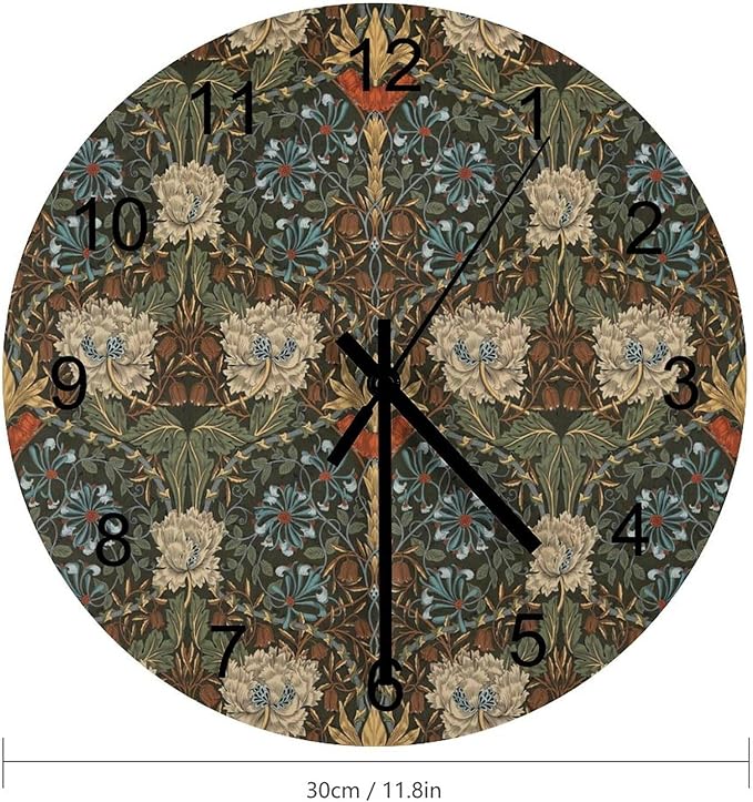 William Morris Wall Clock, Vintage Art Garden Plants Herbs Flower Wall Clocks Battery Operated Silent Non Ticking Round Wooden Clocks for Kitchen Bathroom Living Room 12 Inch