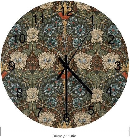 William Morris Wall Clock, Vintage Art Garden Plants Herbs Flower Wall Clocks Battery Operated Silent Non Ticking Round Wooden Clocks for Kitchen Bathroom Living Room 12 Inch