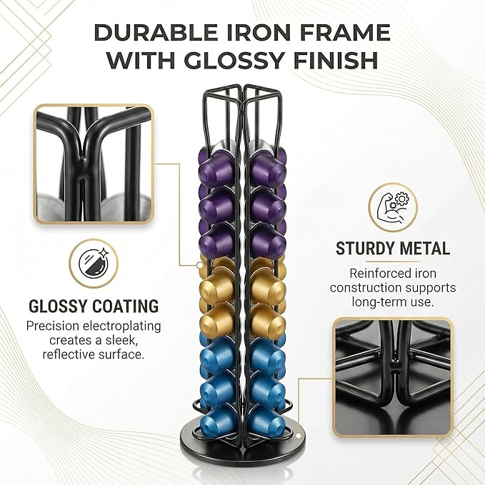 Coffee Pod Holder for Nespresso OriginalLine Capsules, 40 Capacity Rotating Carousel Coffee Pods Organizer, 360 Spinning Coffee Station Storage Rack, Metal Coffee Pod Stand for Kitchen (Black)
