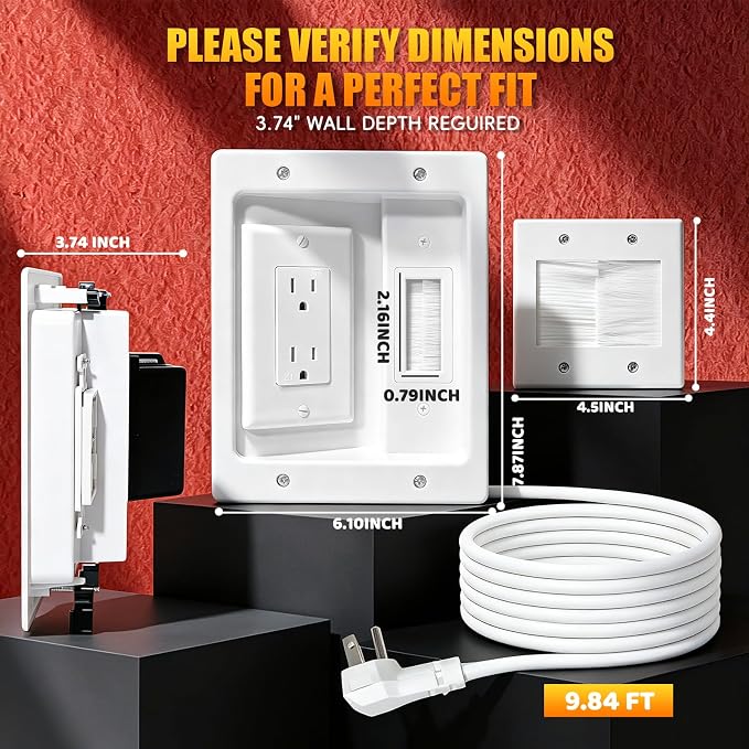 in Wall Cable Management Kit with Recessed Tv Socket Box, Two-Hole Socket, 9ft Cord, Tv Cable Concealment Wall Kit, Tv Cable Concealer Suitable for All Plugs, Convenient and Safe Cable Management