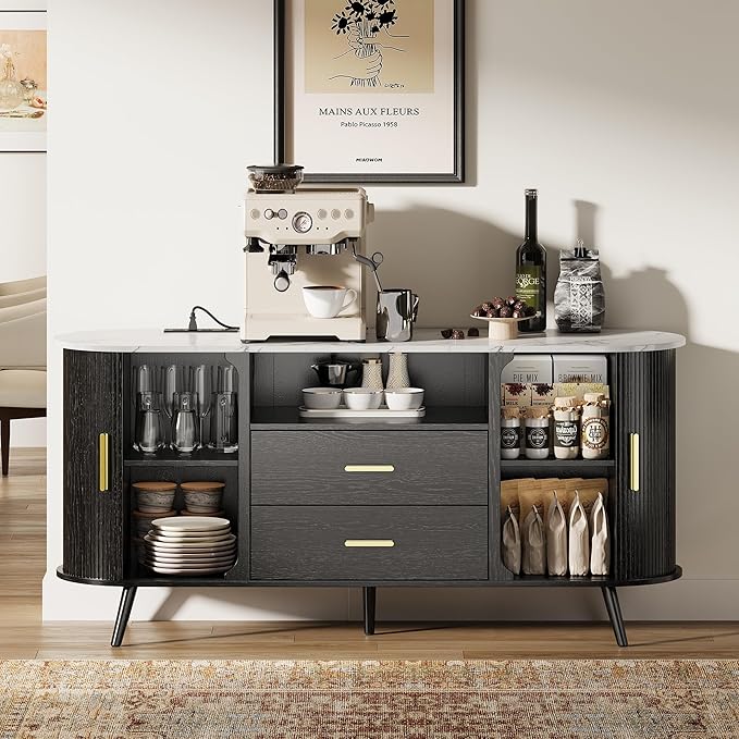 60" Sideboard Buffet Cabinet with Storage, Sliding Door & Adjustable Shelf, Modern Credenza with 2 Drawer, Accent Sideboard Coffee Bar Console Table for Kitchen, Entryway and Living Room
